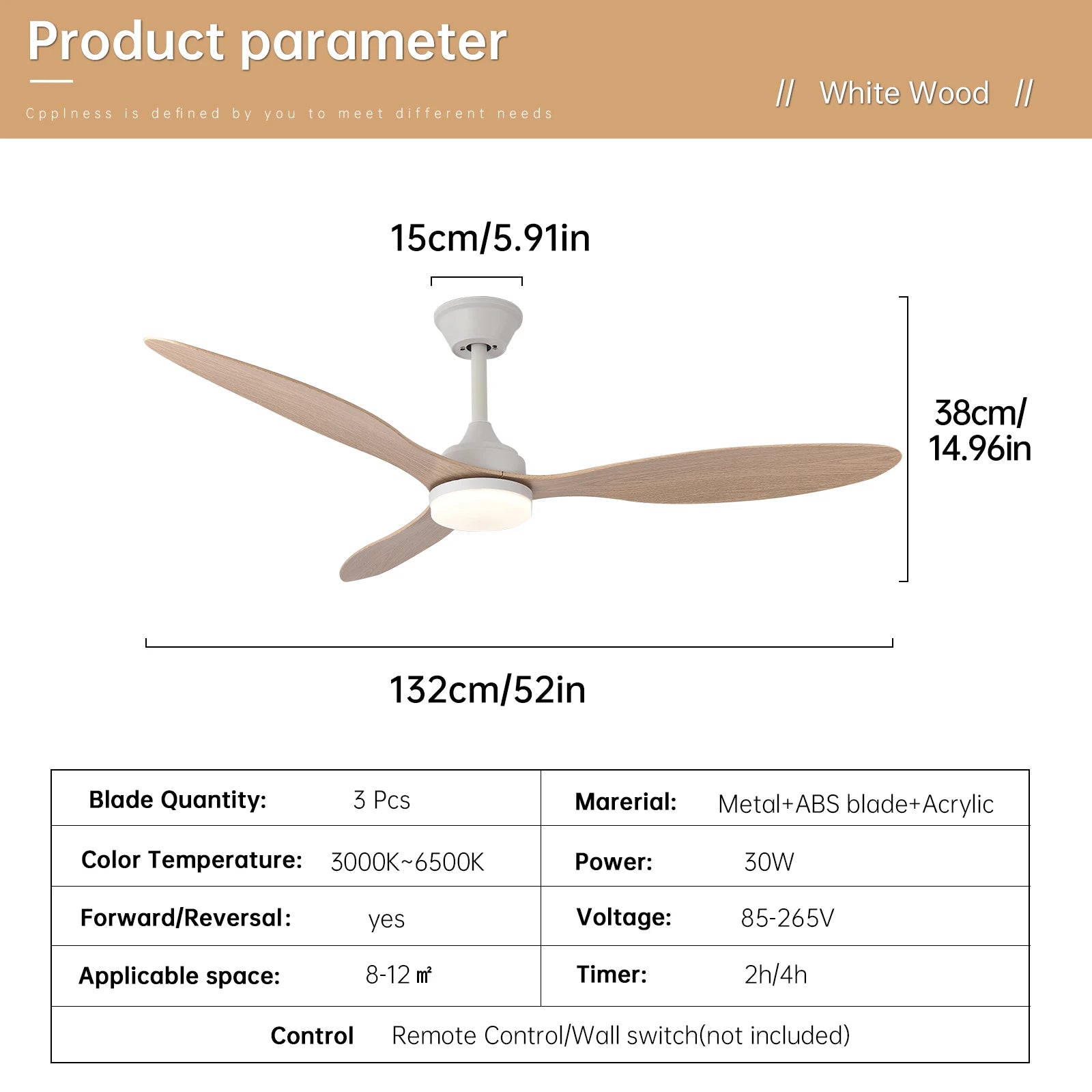 Ventilateur de plafond avec lumière, Ventilateur de plafond discret de 25 pouces/42 pouces/52 pouces avec télécommande, Pour intérieur et extérieur couvert