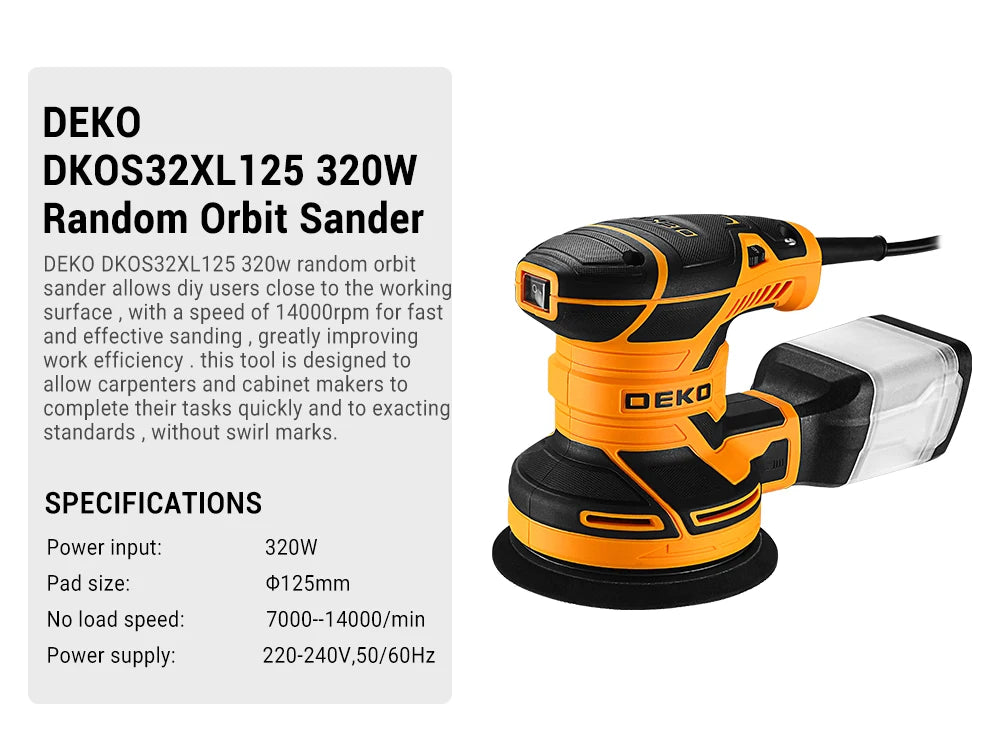 DEKO DKOS32XL125 320W Speed 14000pm Random Orbit Sander  Home DIY Carpenter Strong Dust Collection Polisher