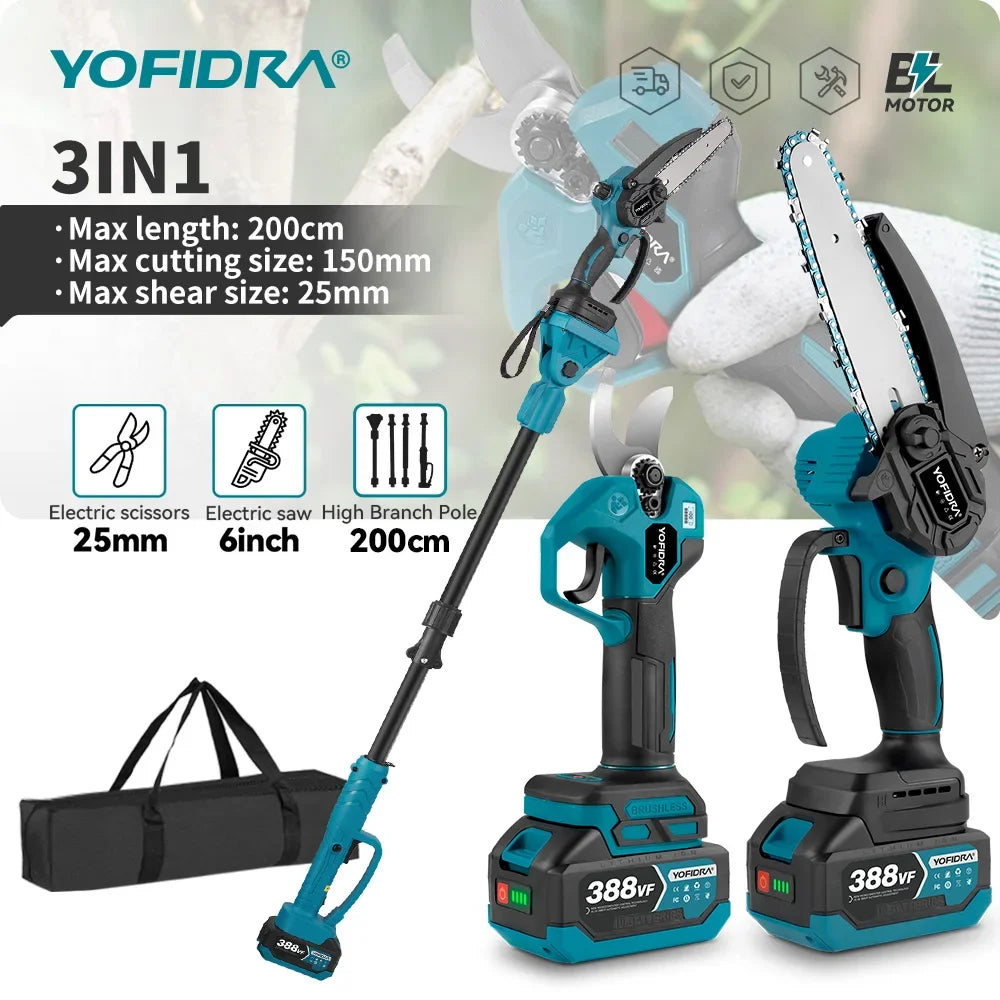 YOFIDRA Brushless Electric Chainsaw Telescoping Pole 3IN1 High Branch Saw Woodworking Pruning Power Tool For Makita Battery Pin