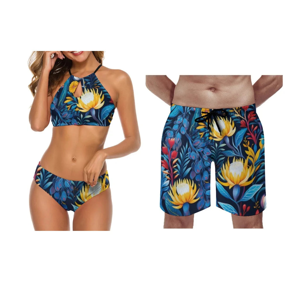 Maillots de bain d'été assortis pour couples, maillots de bain deux pièces pour femmes, motifs floraux d'été personnalisables