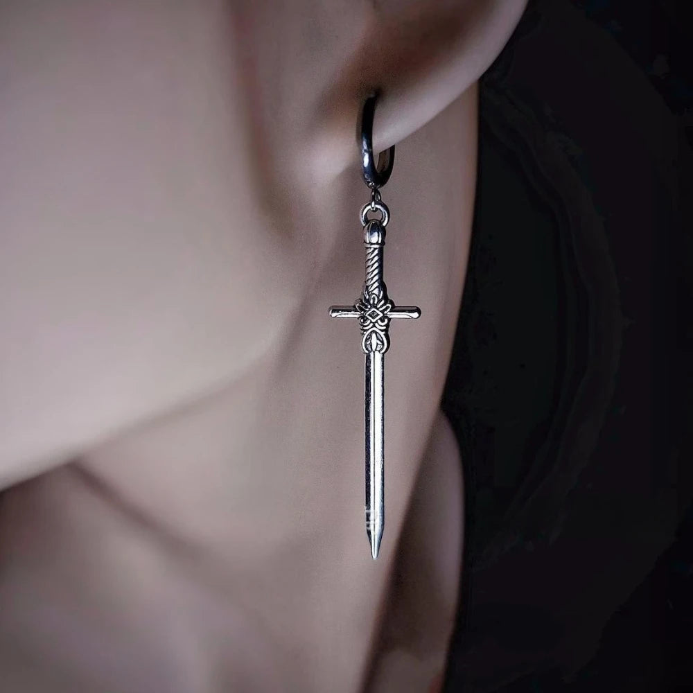 Personality Design Punk Goth Style Sword Drop Dangle Earrings for Men New Trend Hip Hop Rock Party Jewelry Y2K Accessories