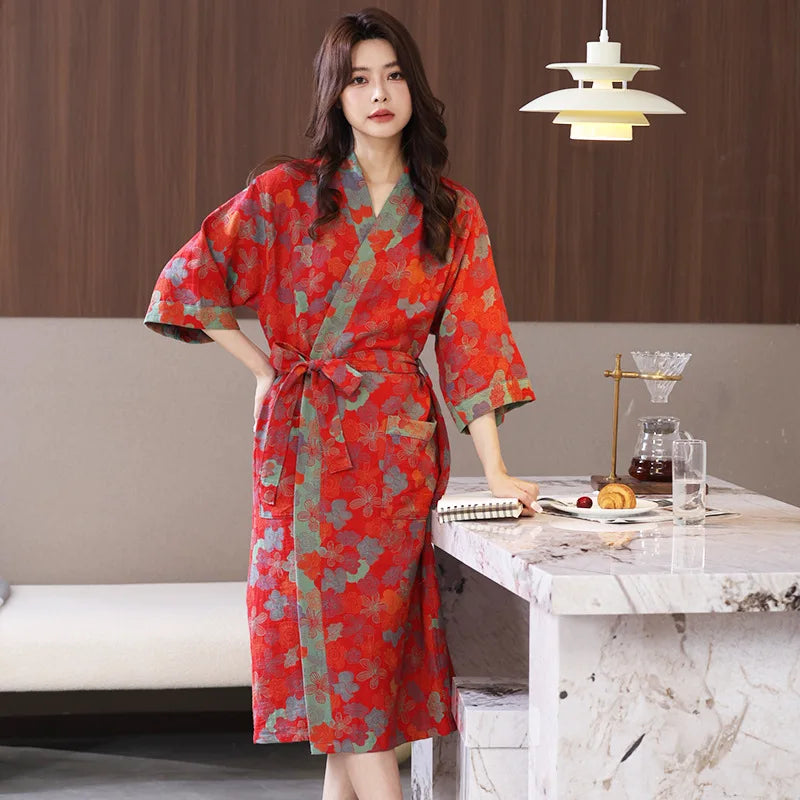 Spring and Summer Thin Cotton Double-layer Bathrobe Pajamas Home Wear Ladies's Absorbent Quick Drying Yukata Robes