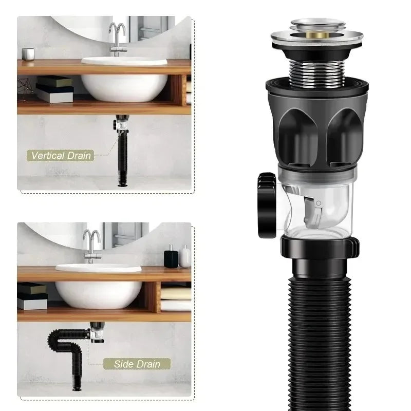 Universal Flip Stainless Steel Washbasin Washbasin Sink Wall Drainage Pipe Kitchen Bathroom Accessories Anti Odor Drainage Pipe
