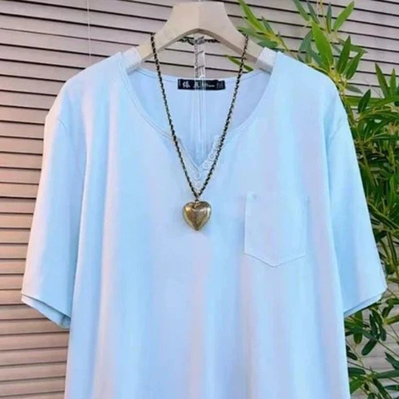 V Neck Pockets Patchwork Lazy Tops Short Sleeve Loose Solid Simplicity Casual T Shirts Summer New Fashion Trend Women Clothing