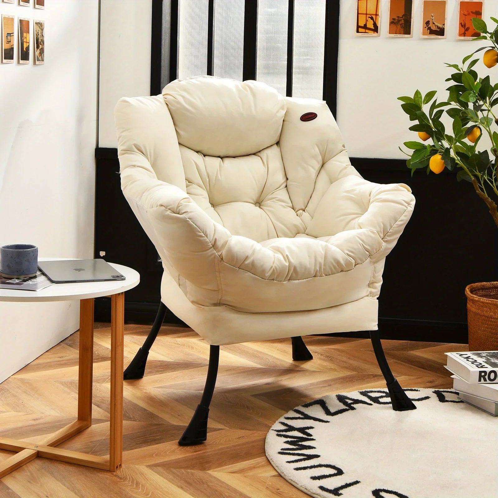 Costway Fauteuil paresseux moderne en tissu polyester, fauteuil simple avec poche latérale, beige
