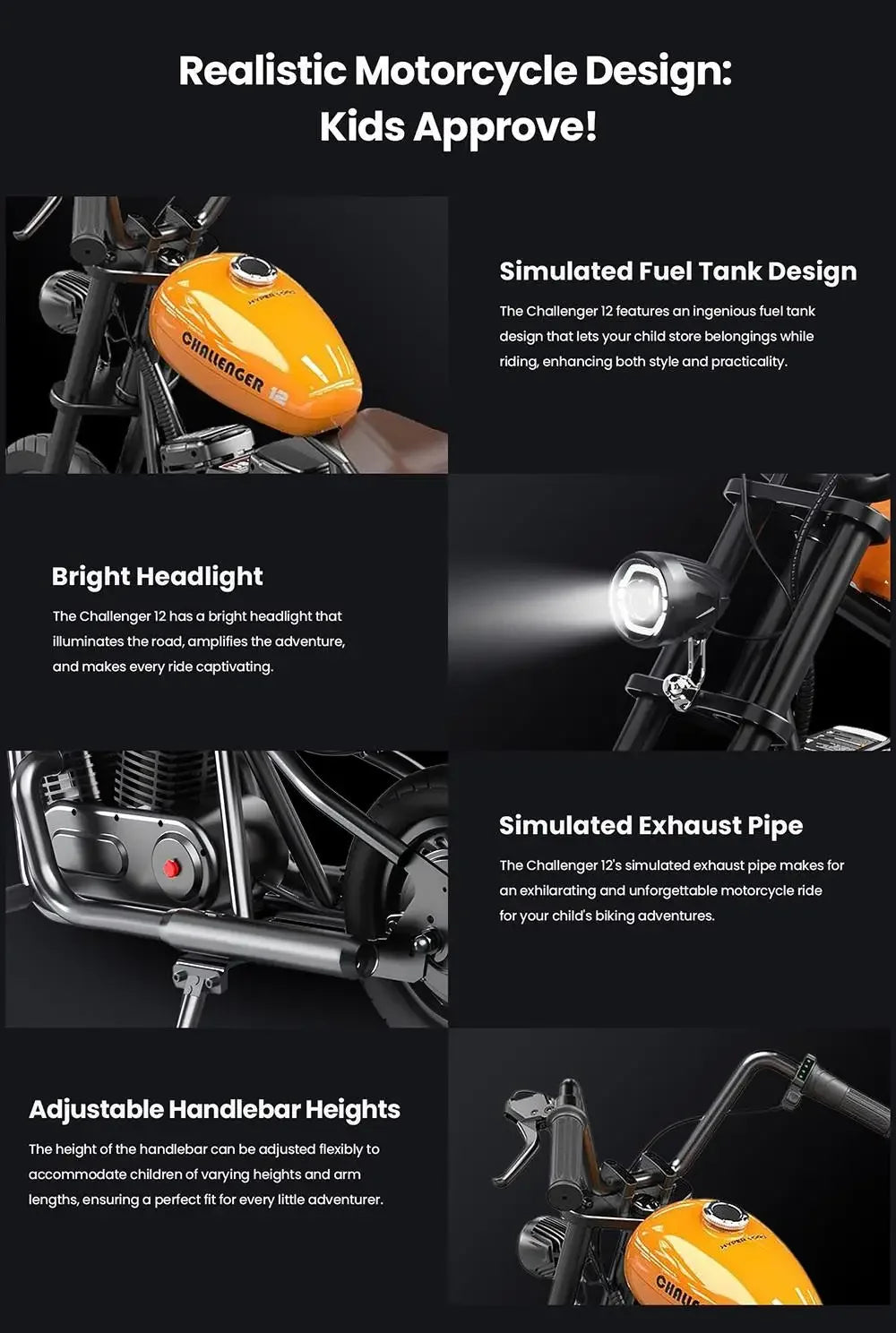 HYPER GOGO Challenger 12 Kids Electric Motorbike 160W 24V 5.2AH 12*3 In Tire Children Electric Motorcycle Mini Electric Scooter