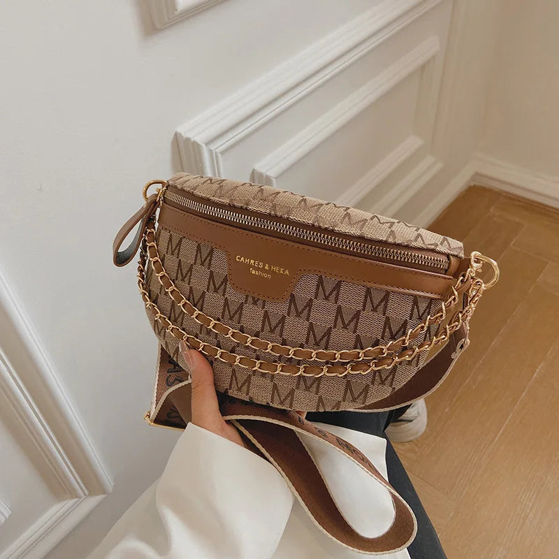 Sac banane en tissu écossais imprimé pour femme, sac de taille à chaîne tendance, sac banane pour femme, sac à bandoulière à large sangle pour femme