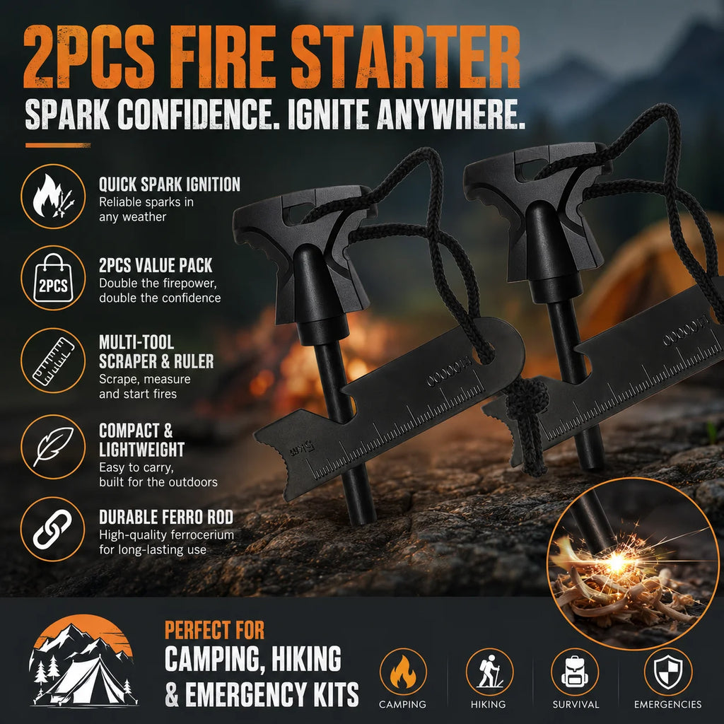 Camping Flint Fire Starter Magnesium Rod Manual Spark Tool with Scraper Ruler for Outdoor Hiking Emergency Kit