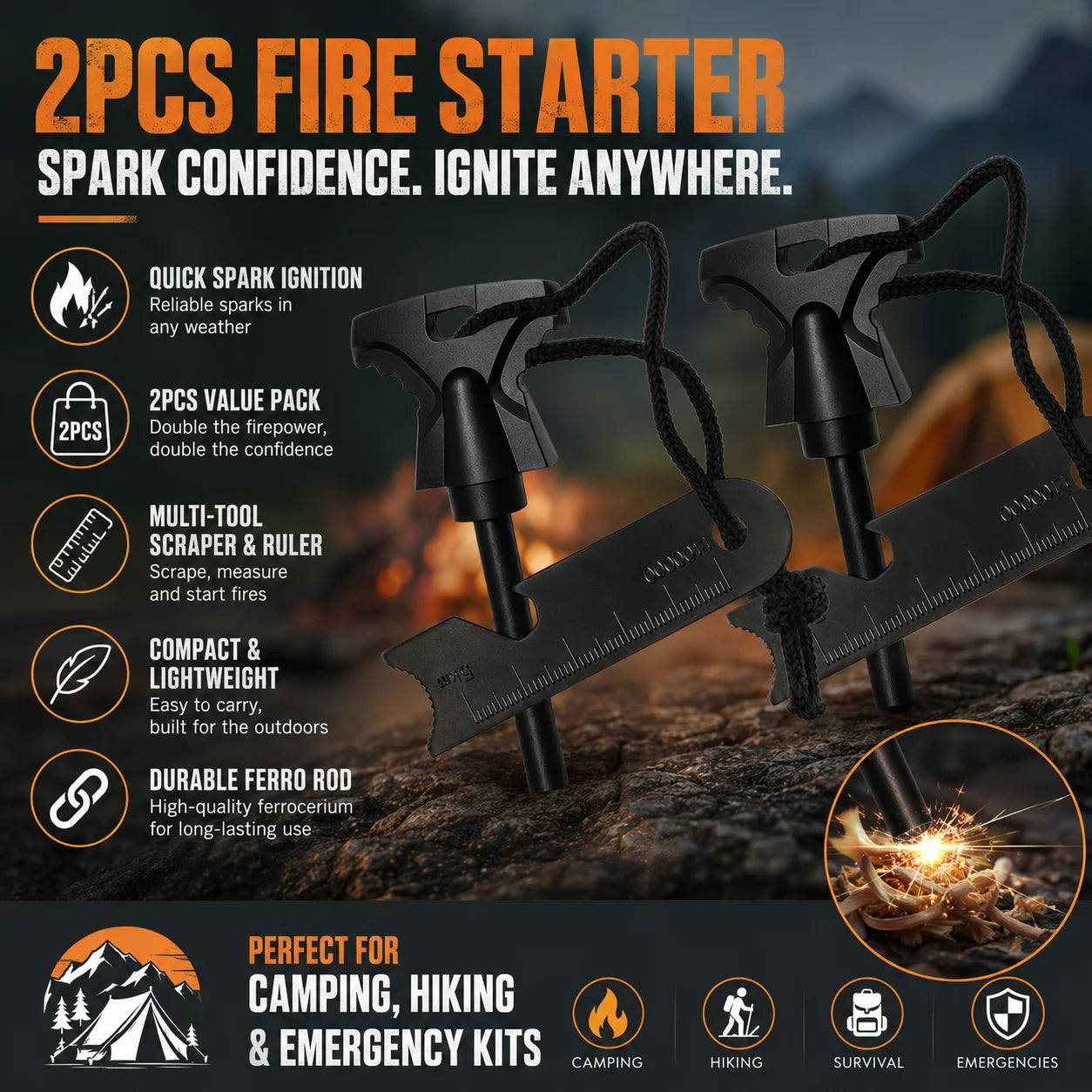Camping Flint Fire Starter Magnesium Rod Manual Spark Tool with Scraper Ruler for Outdoor Hiking Emergency Kit