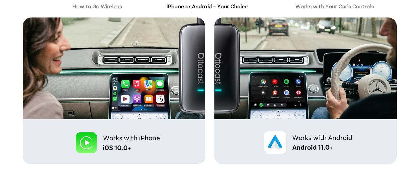 Ottocast Play2Video Ultra Mini Dot WiFi6 AI Box Carplay Adapter Android Auto Media Player YouTube Netflix Install Apps for Audi