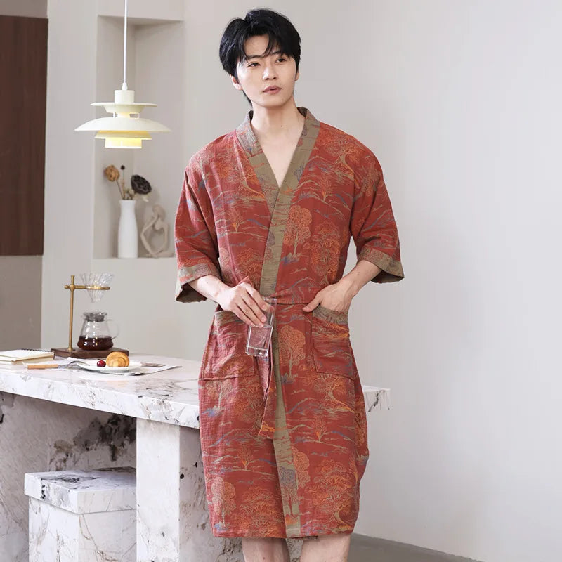 Spring and Summer Thin Cotton Double-layer Bathrobe Pajamas Home Wear Ladies's Absorbent Quick Drying Yukata Robes