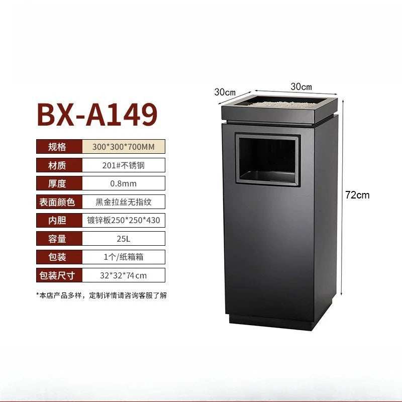 30x30x72cm Stainless Steel Trash Can Commercial Hotel Lobby Elevator Entrance Public Corridor Vertical Waste Bin with Ashtray