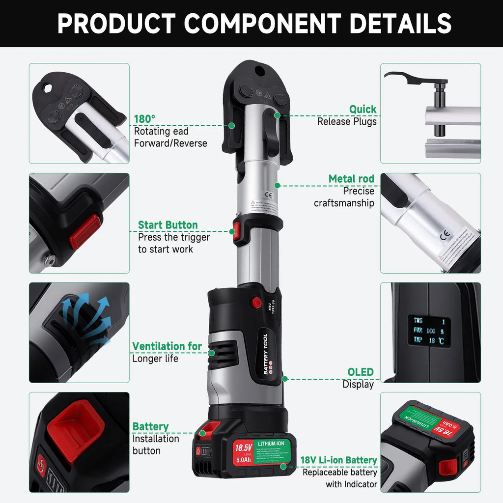 Podofo Electric Pipe Crimping Tool for TH16/20/25/26/32mm+V12/15/18/22/28mm+U16/20/25/32mm Battery Compression Tool with Jaws