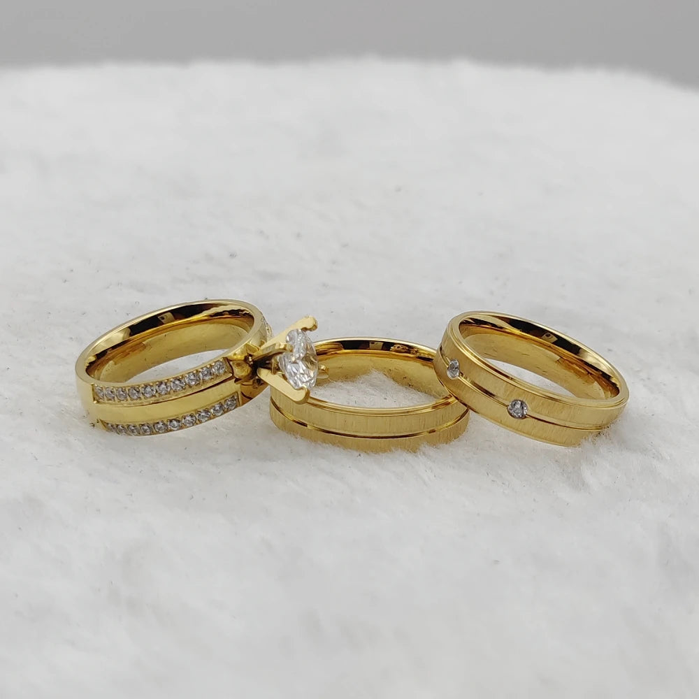 3pcs Matte Titanium Jewelry Italian Women 24k Gold Plated Ring Cz Diamond Ring Marriage Wedding Proposals Bridal Sets Couples