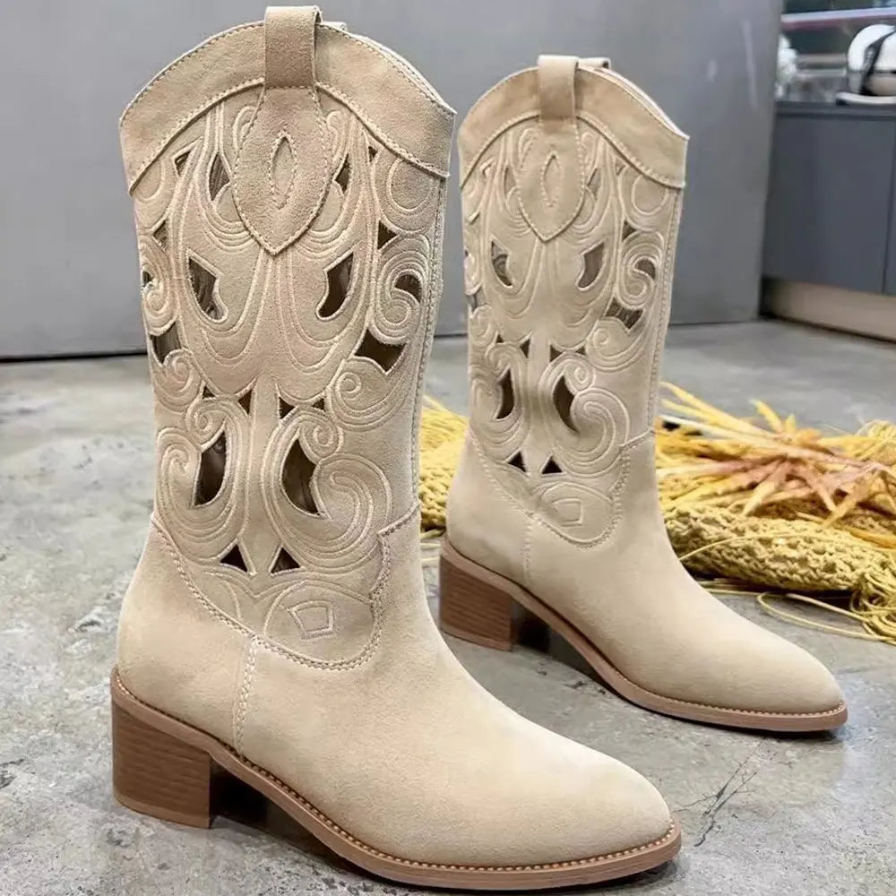2026 Women's Summer Retro Round Toe Chunky Heels Vegan Suede Western Boots with Hollow Design and Rivets Cowboy Boots Shoes