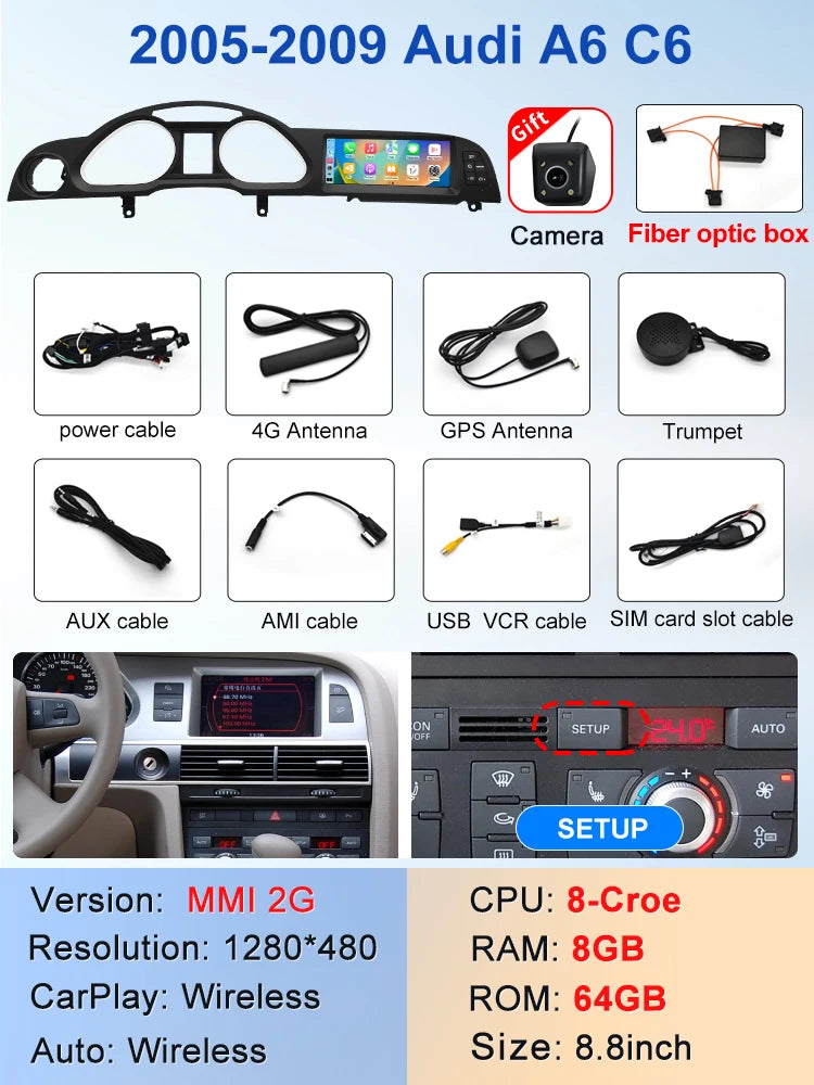 STWEI New Black Car Multimedia Wireless Android AUTO CarPlay 8.8inch Screen For AUDI A6 C6 2005-2011 Years Car Video Players GPS
