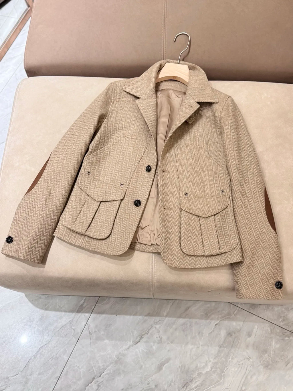 Elegant khaki spliced brown long sleeved lapel single breasted jacket autumn new clothing silk wool blend women's jacket