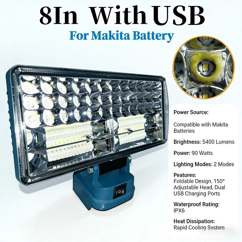 LED Work Light 3/4/8Inch For Makita 14.4V 18V Li-ion Battery Lamp With USB Outdoor Flashlight Lantern Camping Emergency Light