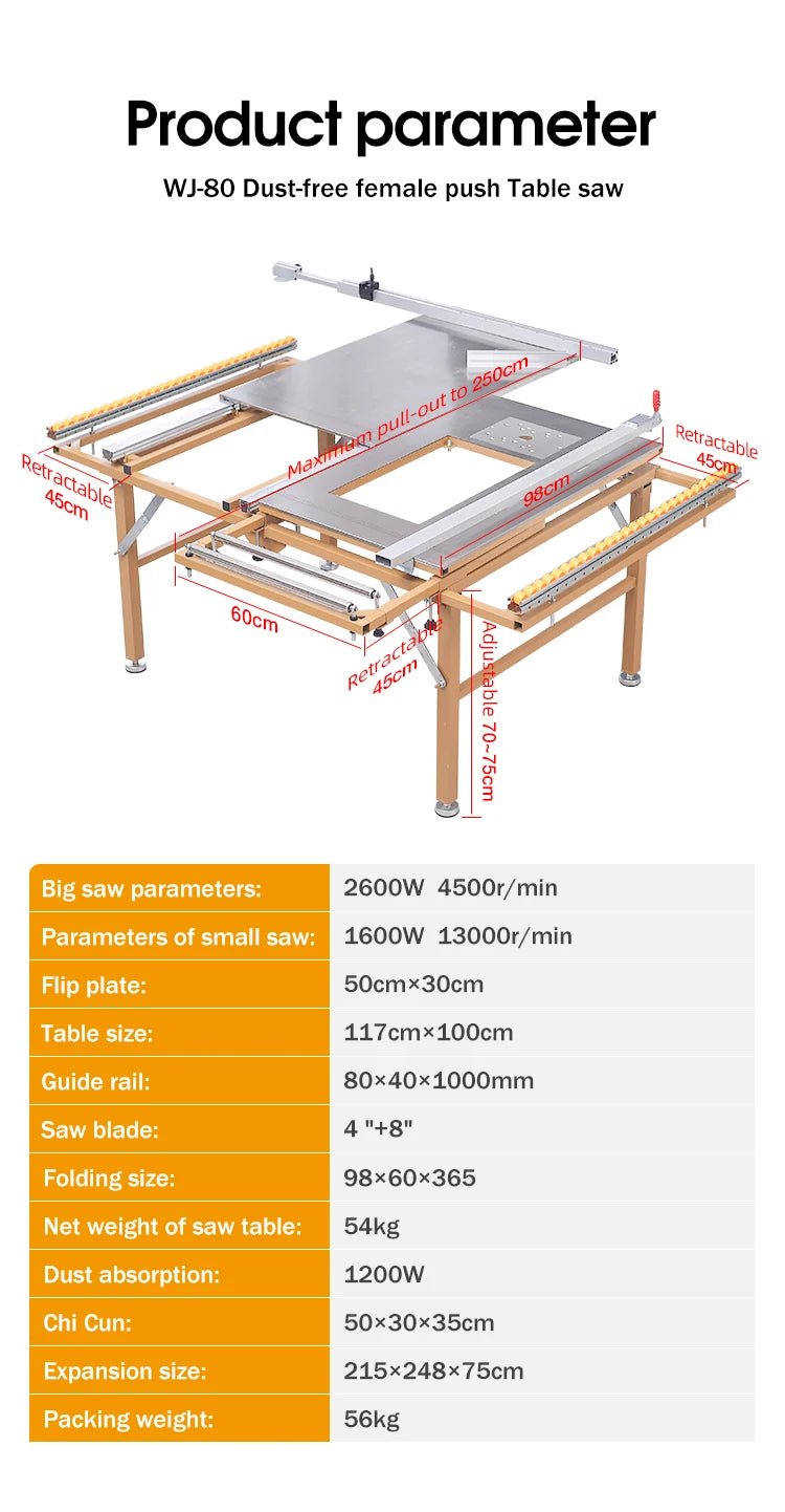 Multi-functional Push Table Saw Precision Guide Rail Folding Electric Panel Saw Kit with Cutting Saw Banding Machine Option Saw
