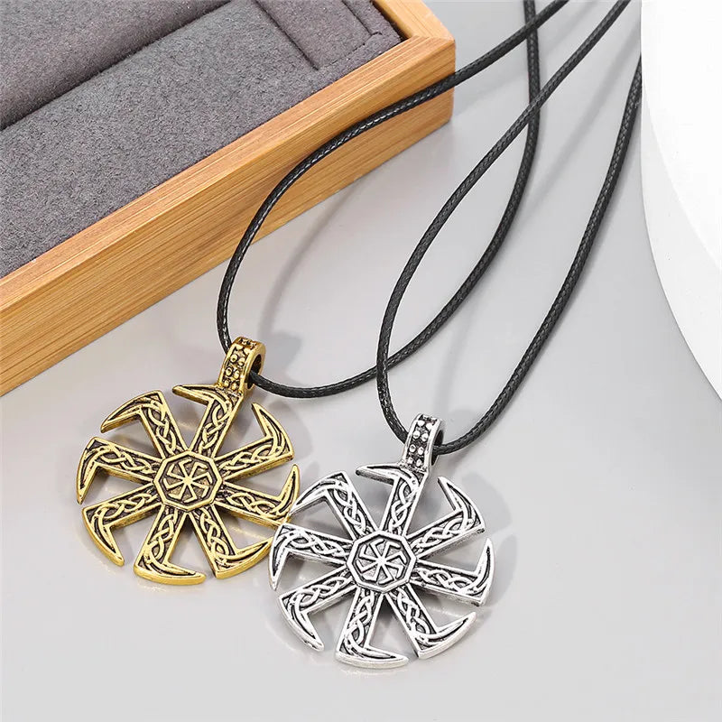 Men's Slavic Kolovrat Symbol Necklace Pagan Sun Wheel Talisman Amulet Link Chain Pendant Religious Jewelry for Men