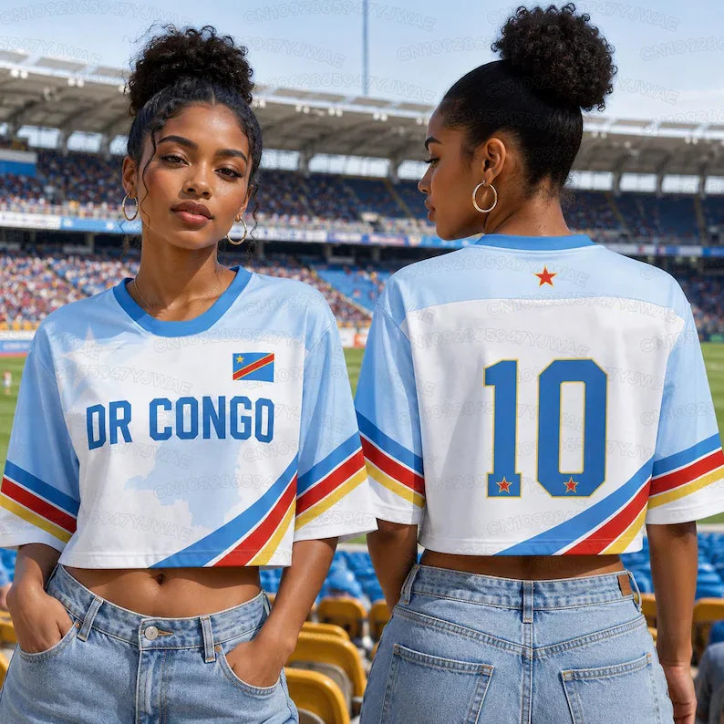 Été 2026 Nouveau Maillot de Football à Imprimé République Démocratique du Congo pour Femmes Col Rond Manches Courtes Maillot Court de Cheerleaders Crop Top T-shirt