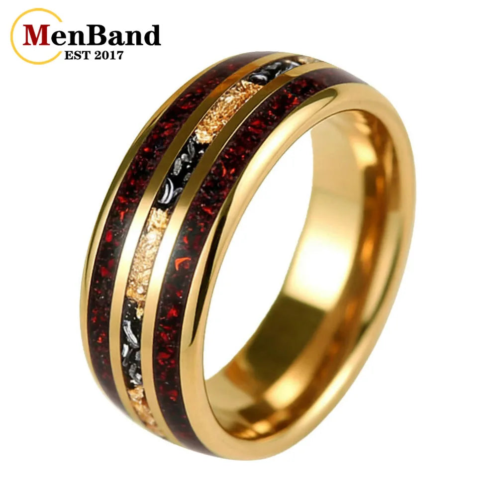 MenBand 6MM 8MM Men and Women Marriage Tungsten Ring Inlaid Red Opal and Meteorite Gold Foil，Couple's Ring, Promise Ring