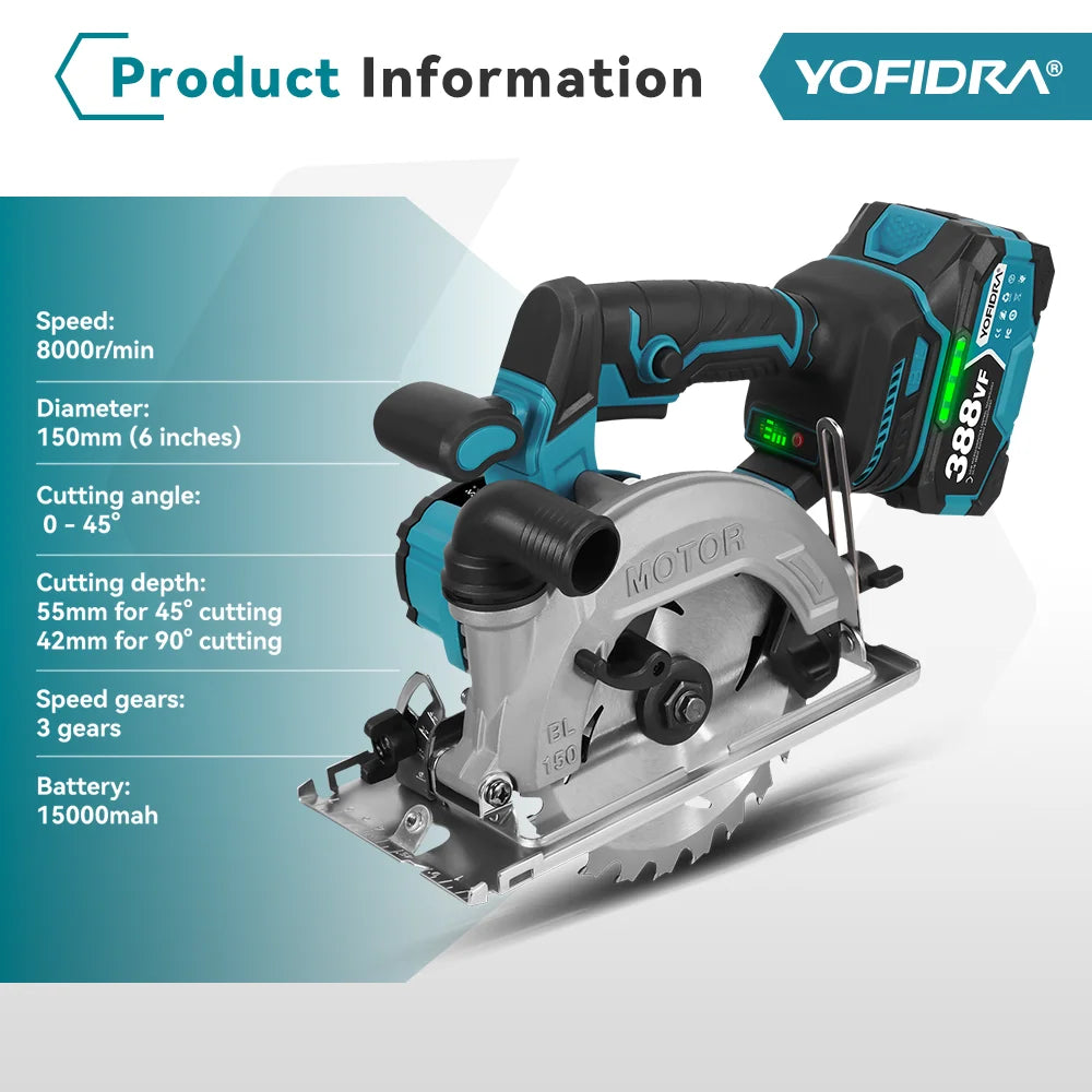 YOFIDRA Scie circulaire électrique sans balais 6 pouces, outil de coupe portatif pour bois et tuyaux en PVC avec profondeur de coupe de 55 mm, compatible batterie Makita