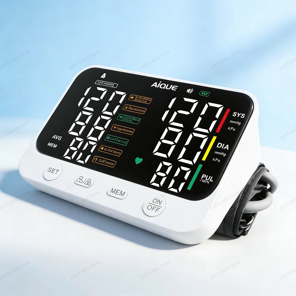 JUSTLANG 1000mAh Blood Pressure Monitor Dual Result Display HD LED Arrhythmia Tonometer Digital Tensiometer Pressure Measure Arm