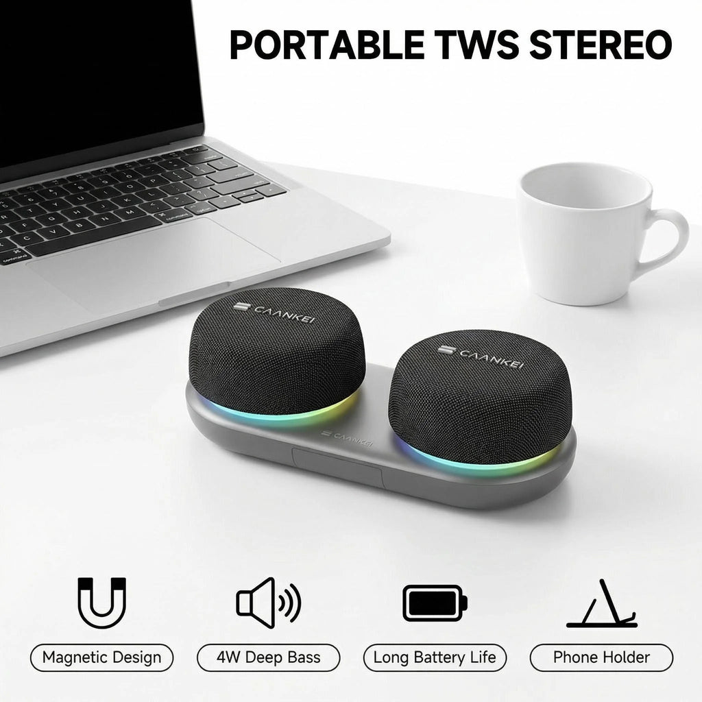 Dual Bluetooth Speaker Set with Magnetic Base & Phone Stand TWS Stereo Sound 10H Playtime RGB Music Sync Lights for Home Theater