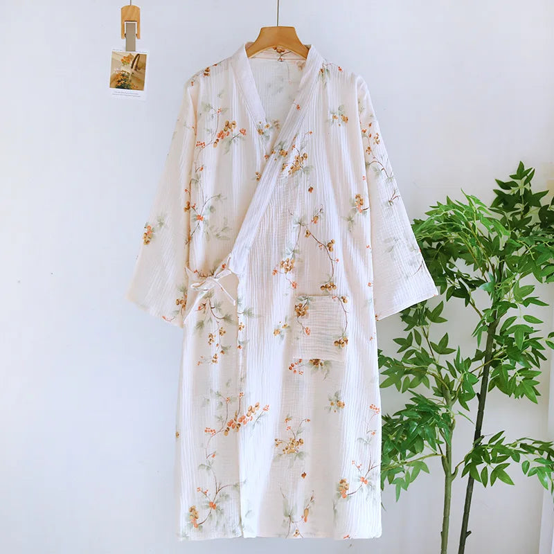 Cotton Fabric Bamboo Printed Sleepwear Bathrobes for Women Spring and Summer Double-layer Thin Home Clothing Pyjamas Robes