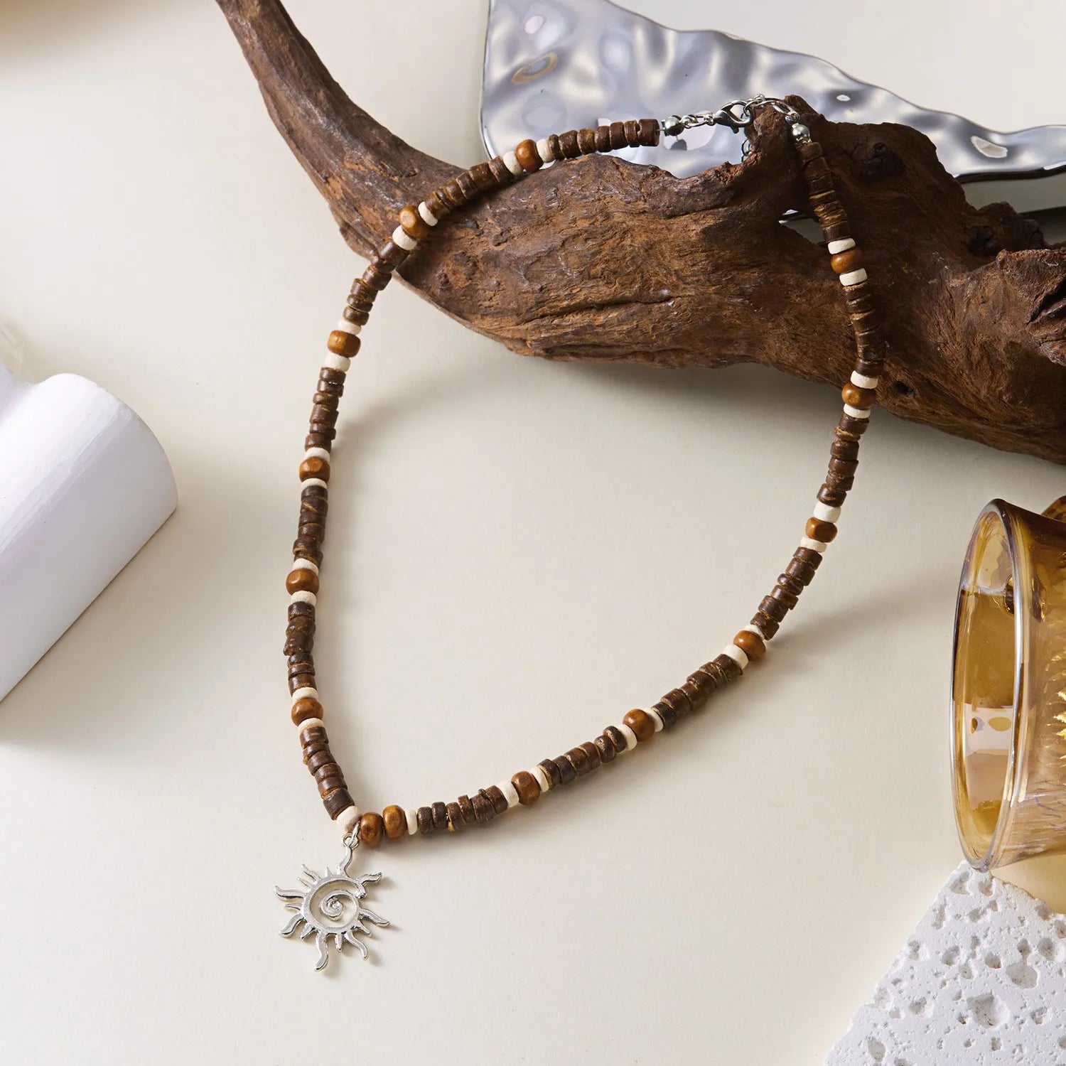 Bohemian Coconut Shell Wooden Beaded Necklace For Women Men Vintage Tribal Sun Pendant Choker Beach Party Holiday Charm Jewelry