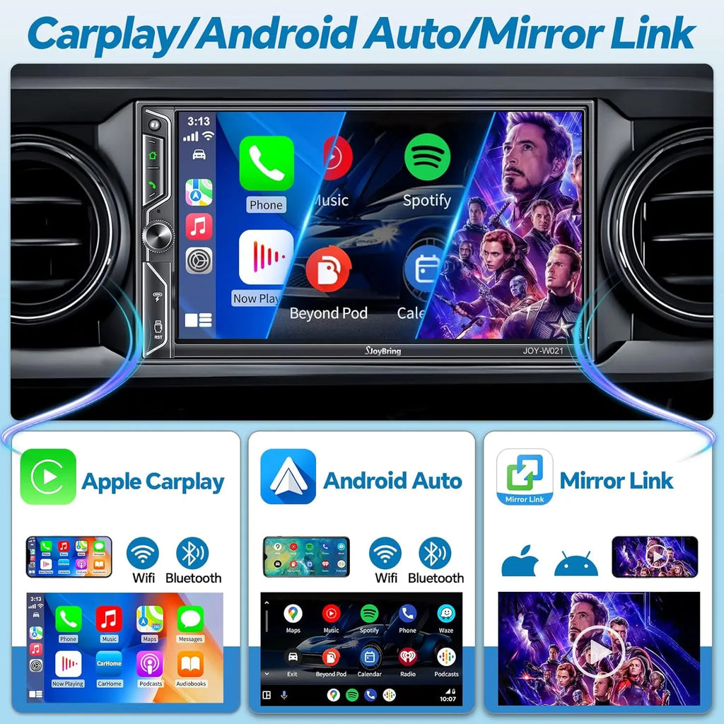 7" QLED Double Din Car Stereo with Wireless Apple CarPlay & Android Auto, Bluetooth 5.3, 240W Audio, MirrorLink, SWC, Backup Camera