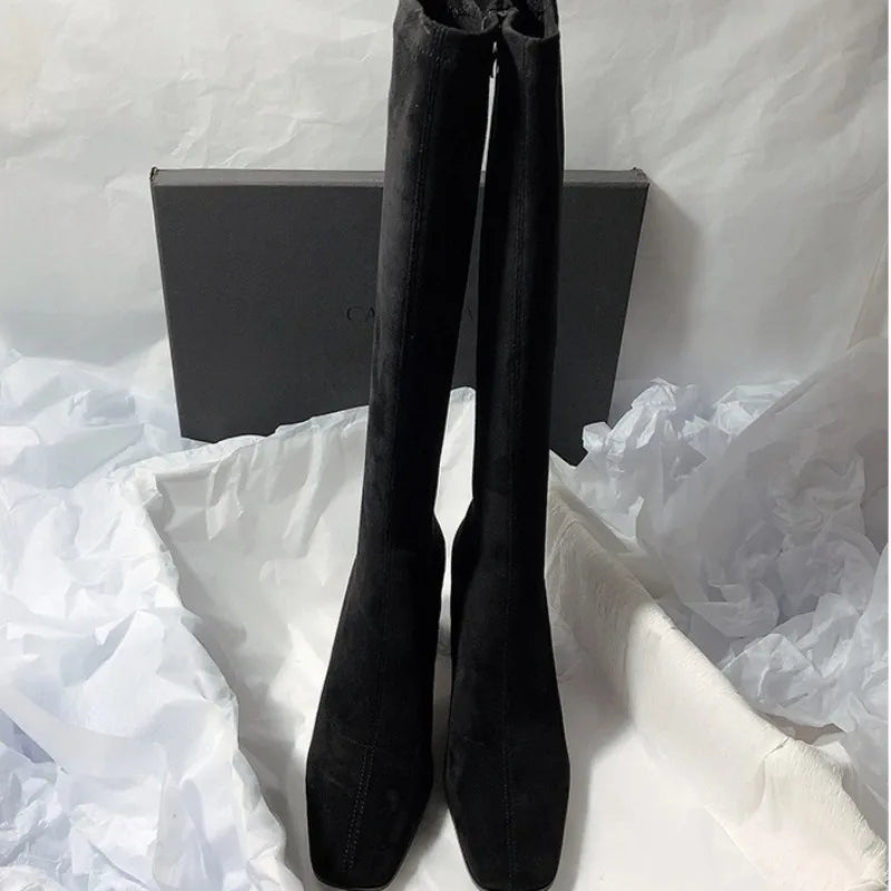 Square Toe Sexy High Heel Knee-high Boots2026 Autumn Luxury Brand Women's Warm Suede High Boots Walking Dress Slim Women's Boots