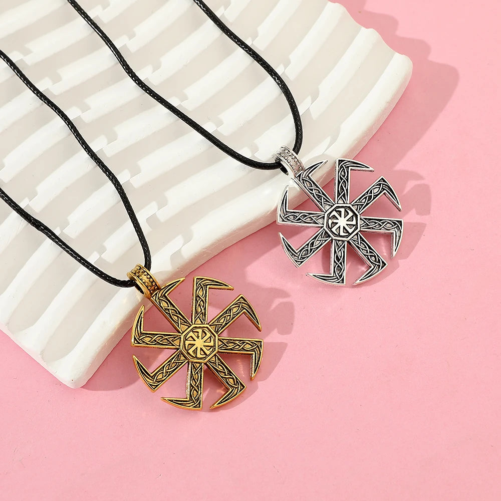 Men's Slavic Kolovrat Symbol Necklace Pagan Sun Wheel Talisman Amulet Link Chain Pendant Religious Jewelry for Men