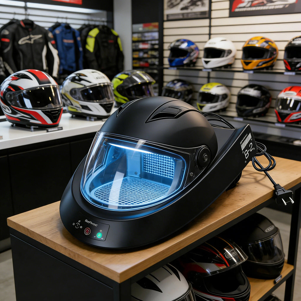 Smart Motorcycle Helmet Dryer Features Sterilization  Dust Removal Functions Temperature Control, and Ambient Lighting