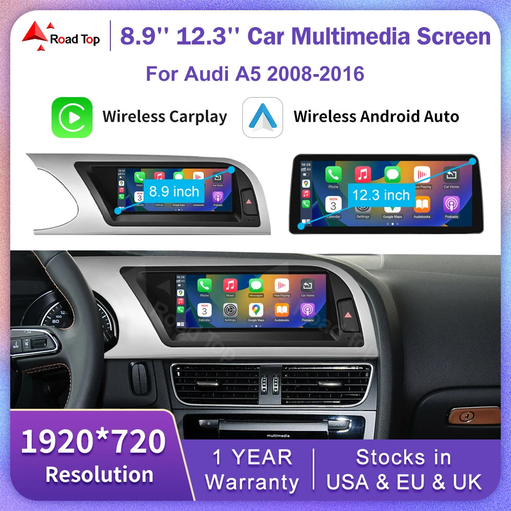 Linux 8.9/12.3inch Car Multimedia Touch Screen For Audi A5 2008-2016 with Wireless CarPlay Android Auto Airplay Function
