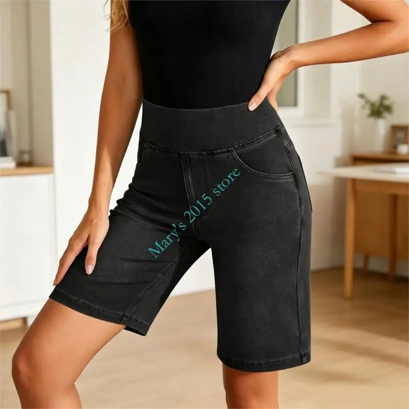 Women's Fit Stretch Jeans Shorts With Pockets Comfortable Casual High Waist Jeans Trousers Half Length For Daily Wear