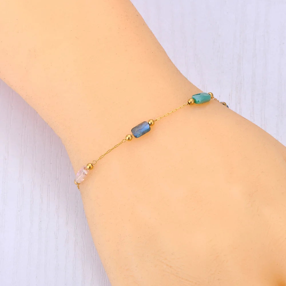 JeeMango Fashion Colorful Cubic Zirconia Stone Charm Bracelet Waterproof Stainless Steel Women's Hand Bracelets Jewelry JB24056