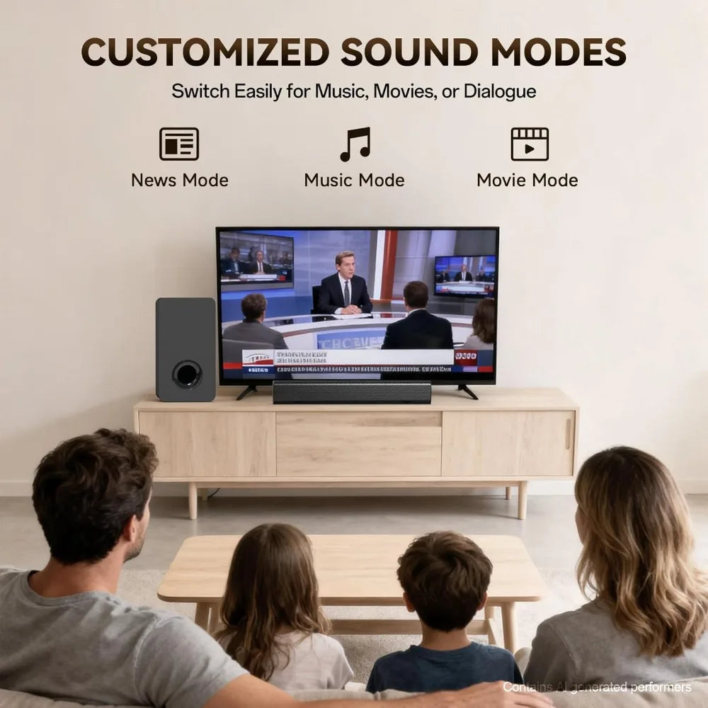 Barre de son sans fil avec caisson de basses, home cinéma 2.1 canaux, HDMI ARC optique USB, fixation murale, 3 modes EQ pour TV PC Gaming