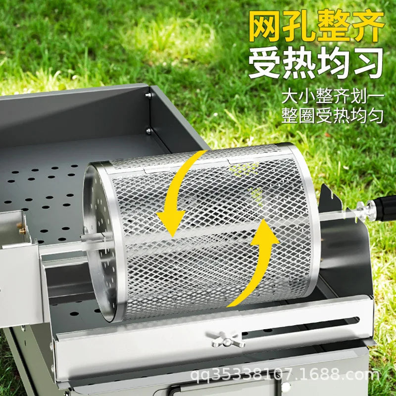 360° Automatically Rotate BBQ Rolling Barbecue Cage Stainless Steel Smoked Round Grill Basket for Grilled Chicken Rotisserie