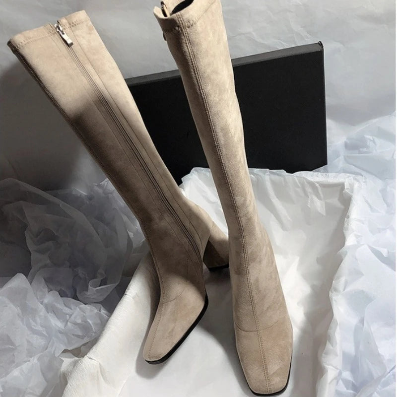 Square Toe Sexy High Heel Knee-high Boots2026 Autumn Luxury Brand Women's Warm Suede High Boots Walking Dress Slim Women's Boots