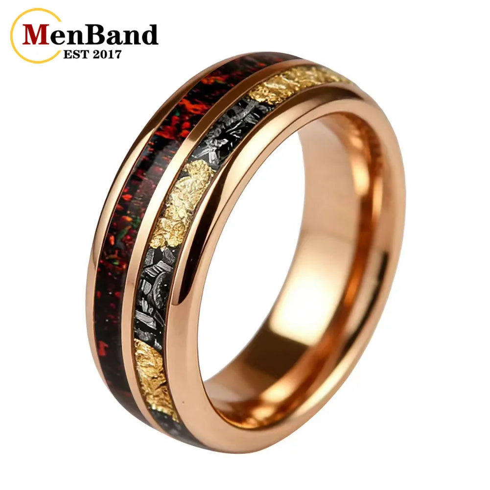 MenBand 6MM 8MM Men and Women Marriage Tungsten Ring Inlaid Red Opal and Meteorite Gold Foil，Couple's Ring, Promise Ring