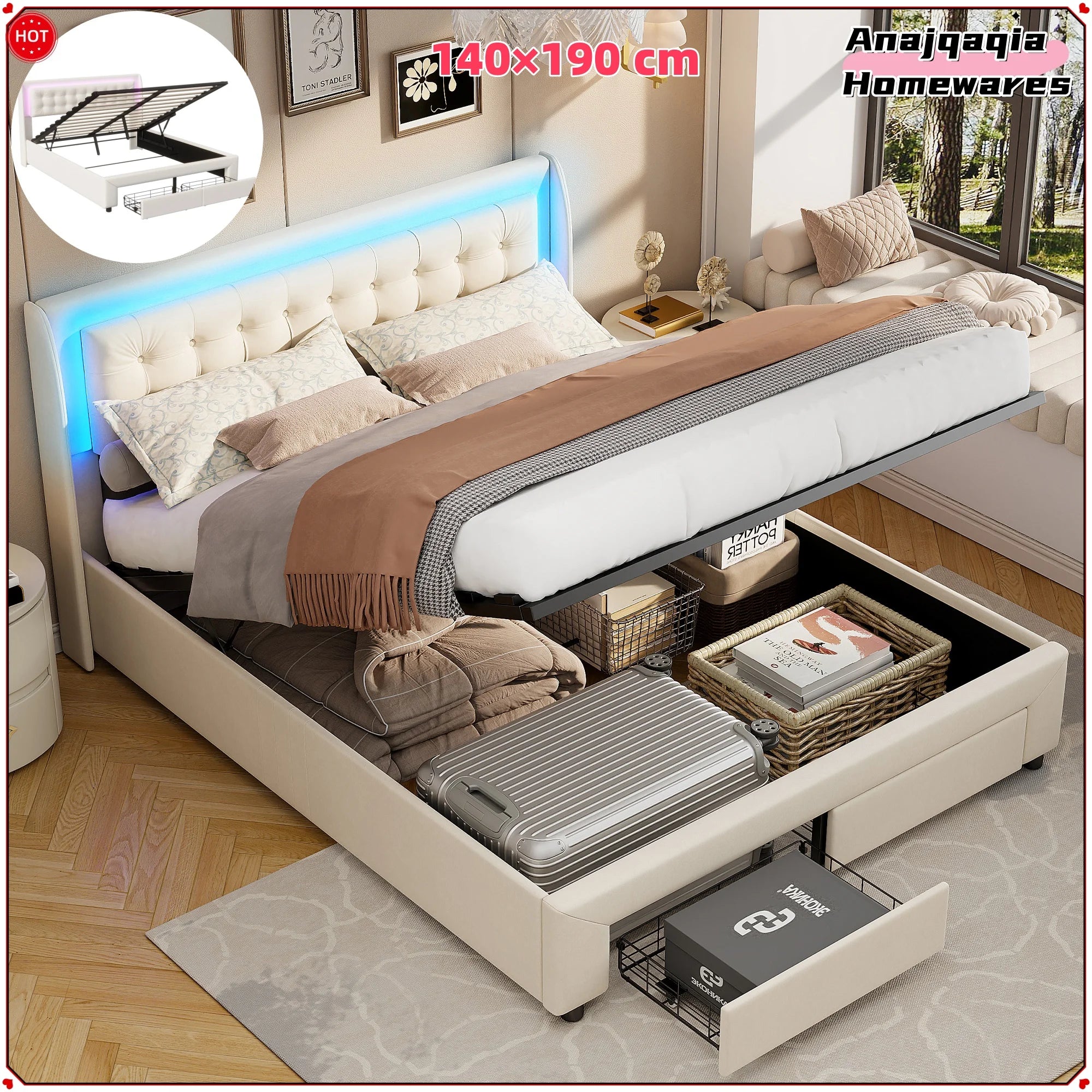 Lit double rembourré Anajqaqia 140x190 cm, lit de rangement hydraulique avec sommier à lattes, avec lumière LED et 2 tiroirs, velours, beige