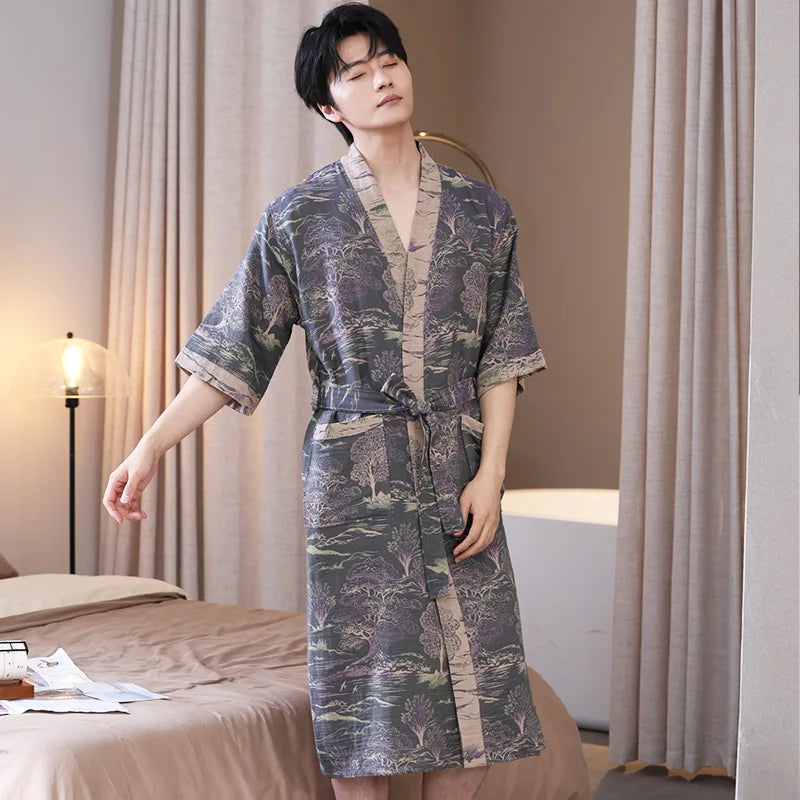 Spring and Summer Thin Cotton Double-layer Bathrobe Pajamas Home Wear Ladies's Absorbent Quick Drying Yukata Robes