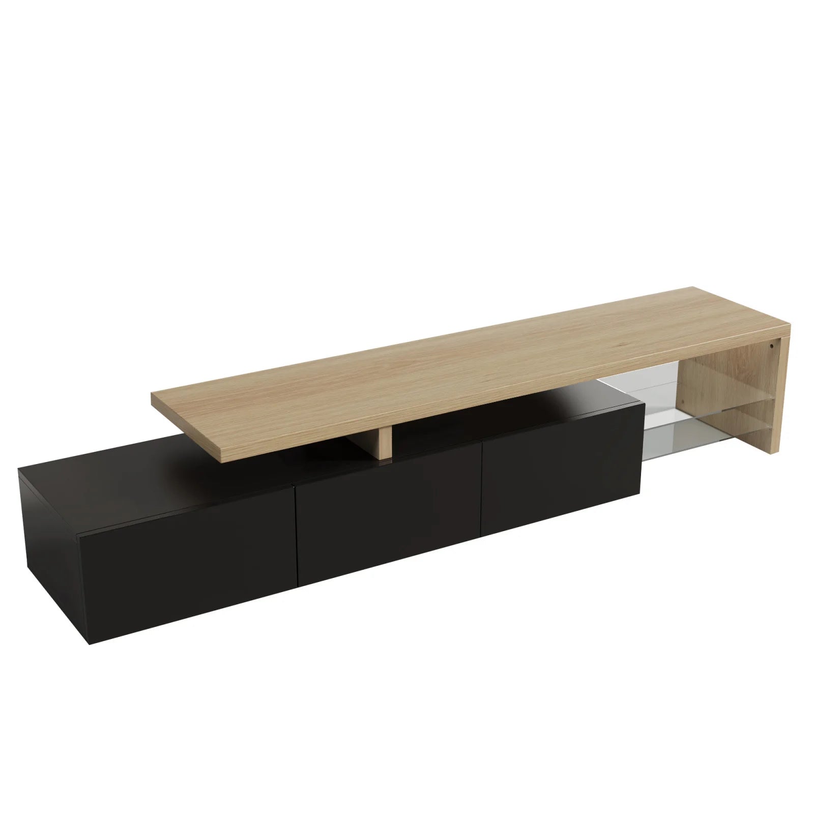 Meuble TV Rosahqnda pour Salon,Meuble Bas TV avec LED,Buffet,2 Cloisons en Verre,3 Tiroirs,Blanc/Noir Brillant