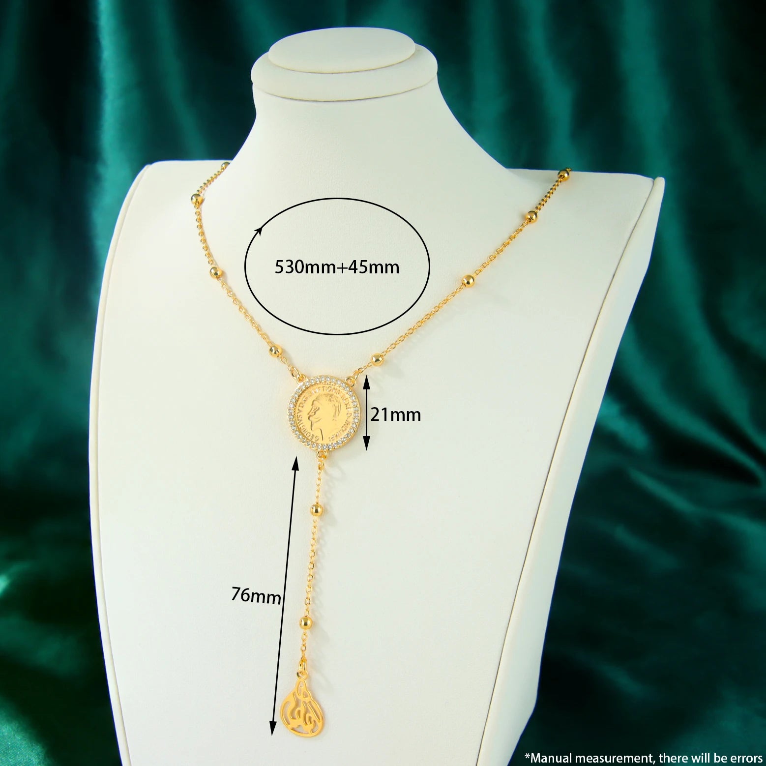 Italian Fashion Zirconia Necklace 21k Gold Plated Arabic Fashion Coins Pendant Chains Dubai Women Vintage Ayatul Kursi Jewelry