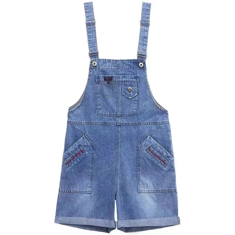 Salopette courte en jean coréen pour femme - Salopette en jean rétro décontractée avec poches et broderies - Pantalon d'été pour femme
