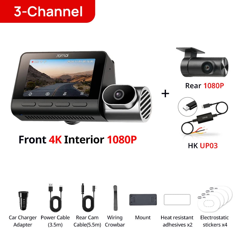 70mai T800 3-Channel HDR Car DVR Front 4K+Rear 4K/1080P+Interior 1080P Voice Control Super Capacitor GPS ADAS Support 4G Wifi 6
