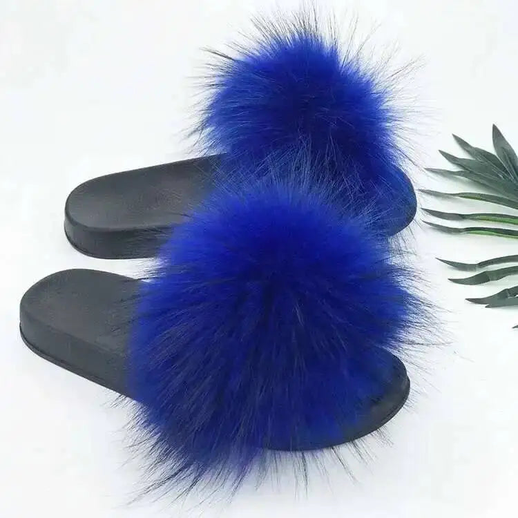 Real Raccoon Fur Slippers For Women 2023 Summer Fluffy Indoor House Fuzzy Flat Slides Outdoor Fashion Beach Sandals Flip Flops