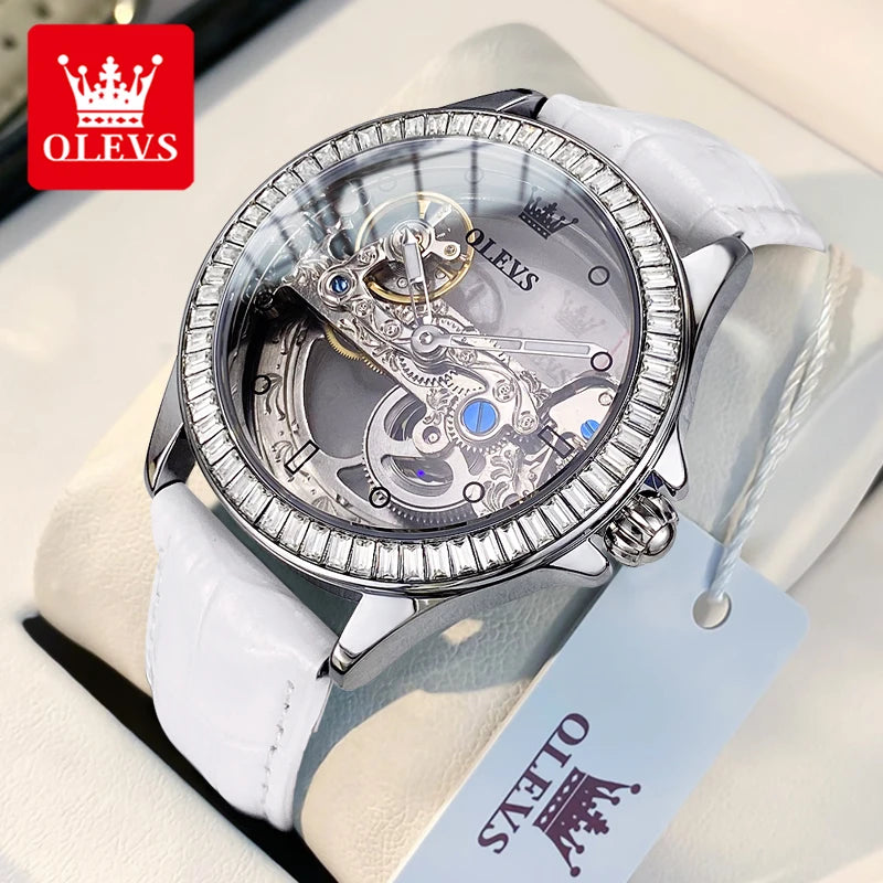 OLEVS Fully Hollowed Watches for Women Automatic Mechanical Women's Watches Luxury Stainless Steel Diamond Inlay Wristwatch 6699
